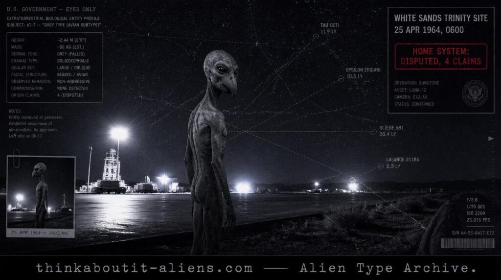 Dossier-style rendering of a tall, beaked-nosed grey humanoid on a floodlit desert test-site tarmac at night with multiple non-converging star-chart lines, referencing the disputed origin claims