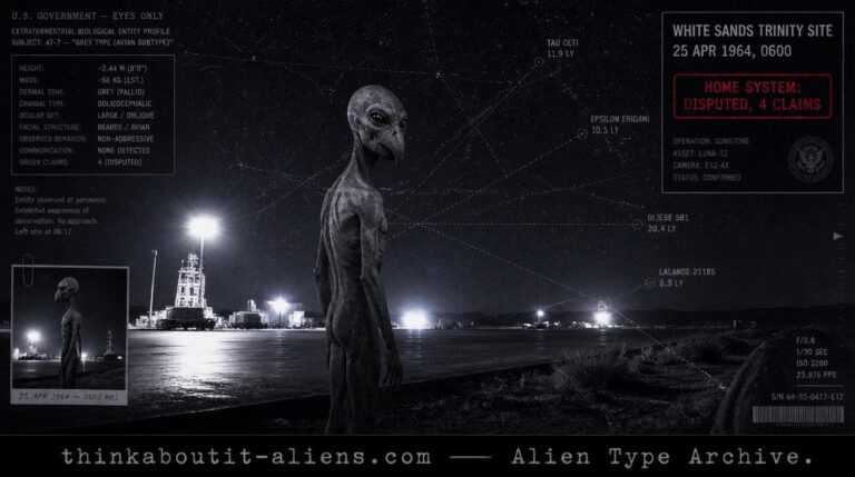 Dossier-style rendering of a tall, beaked-nosed grey humanoid on a floodlit desert test-site tarmac at night with multiple non-converging star-chart lines, referencing the disputed origin claims