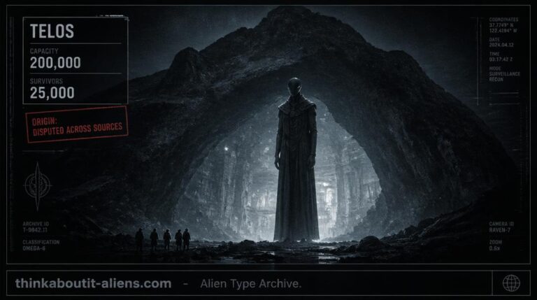 Dossier-style rendering of a tall humanoid figure at the entrance to a vast underground cavern beneath a mountain, referencing Telos and the Lemurian survivor numbers