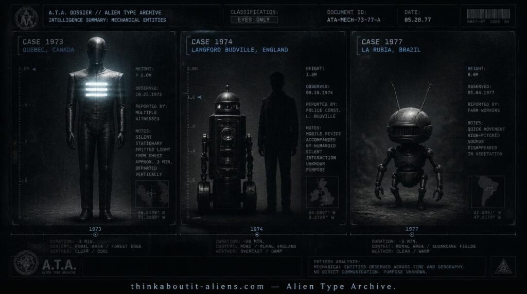 Dossier-style illustration of three separately documented robot-like entities from the Langford Budville, Quebec, and La Rubia UFO cases