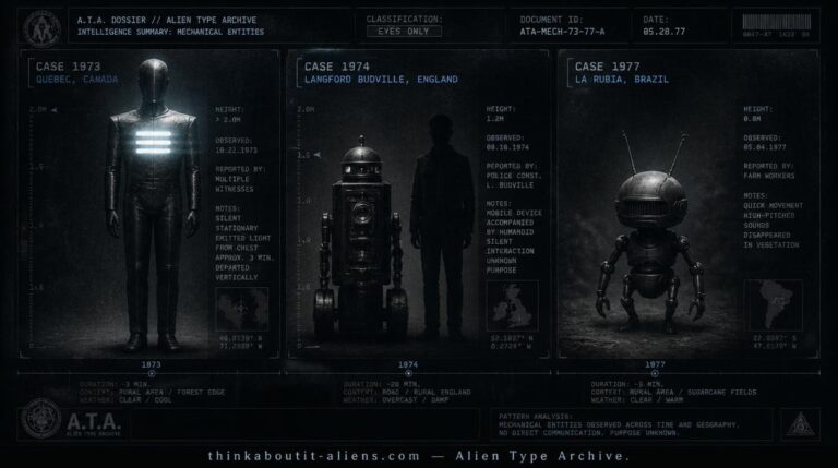 Dossier-style illustration of three separately documented robot-like entities from the Langford Budville, Quebec, and La Rubia UFO cases