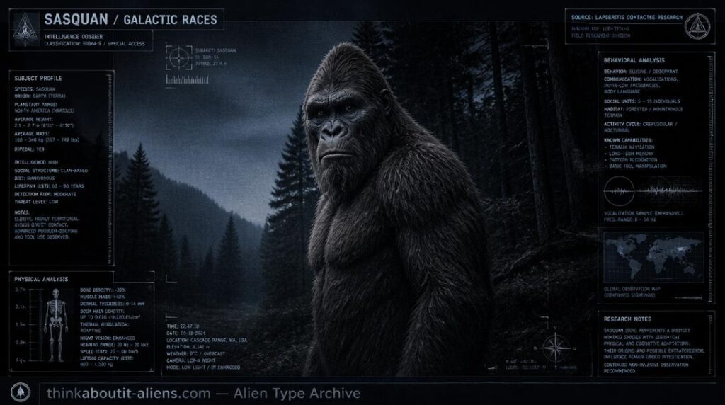 Sasquatch: Dossier-style illustration of Sasquatch (Sasquan), the large hairy humanoid documented in compiled ufology lists and telepathic contactee research