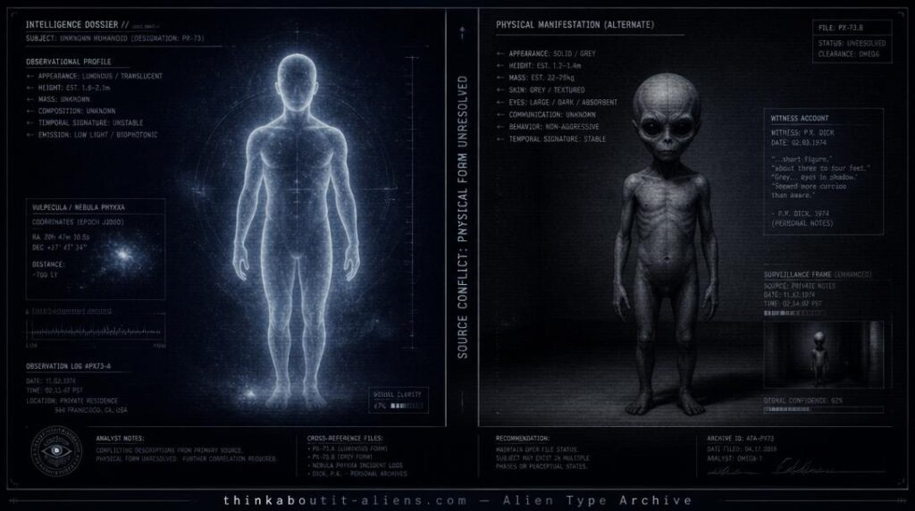 Dossier-style illustration contrasting the two contradictory descriptions of the Shining Ones — a luminous being and a small Grey