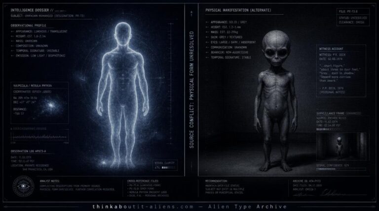 Dossier-style illustration contrasting the two contradictory descriptions of the Shining Ones — a luminous being and a small Grey
