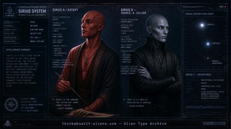 Dossier-style illustration contrasting the Katayy of Sirius A and the varied populations of Sirius B, per contactee Alex Collier's account