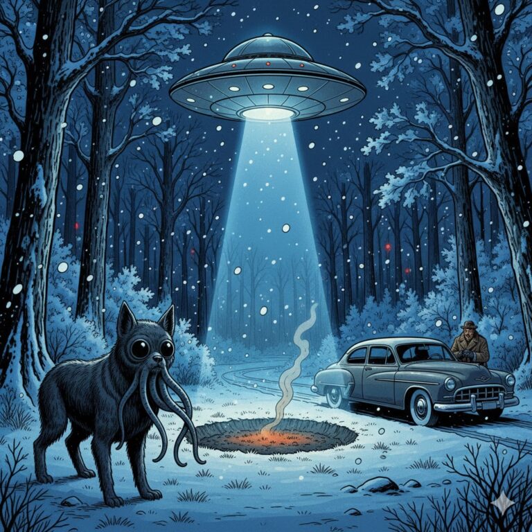 Illustration of the Delta Alien Dog sighting in the snow