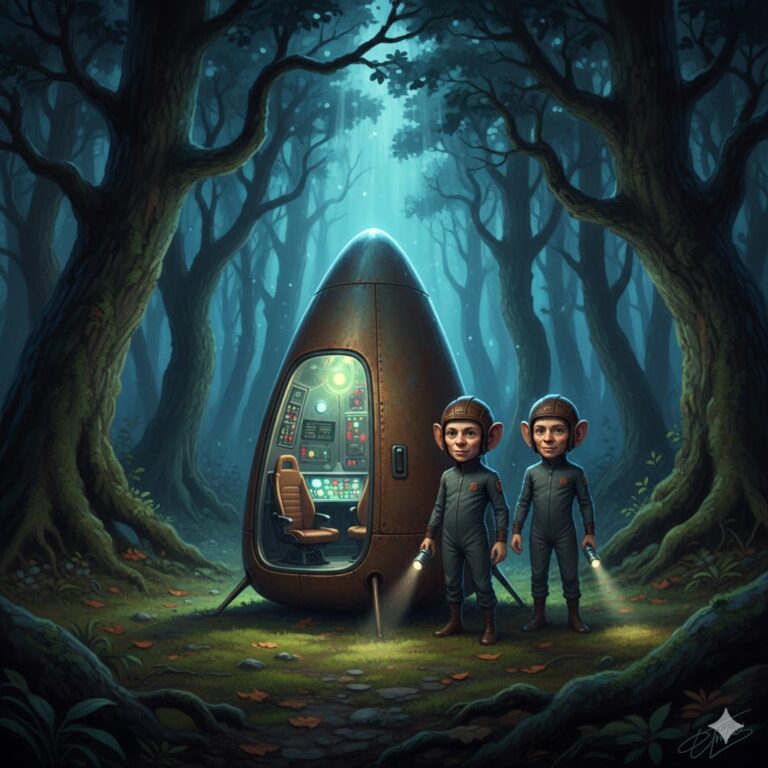 Illustration of Dwarfin aliens and their spindle-shaped UFO craft