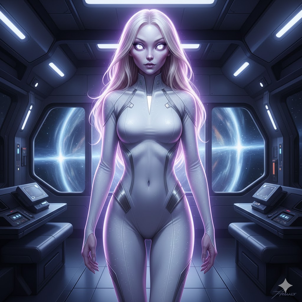 DALS alien woman from the DAL Universe with violet light aura and cat eyes.