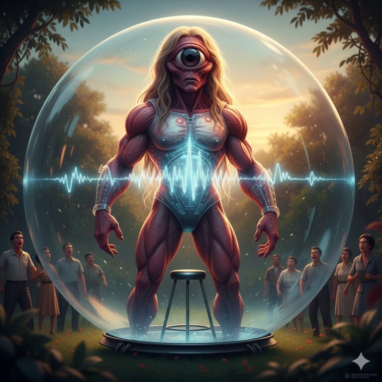 Illustration of a 10-foot tall reddish Cyclops alien in a transparent spherical craft from the 1963 Belo Horizonte incident.