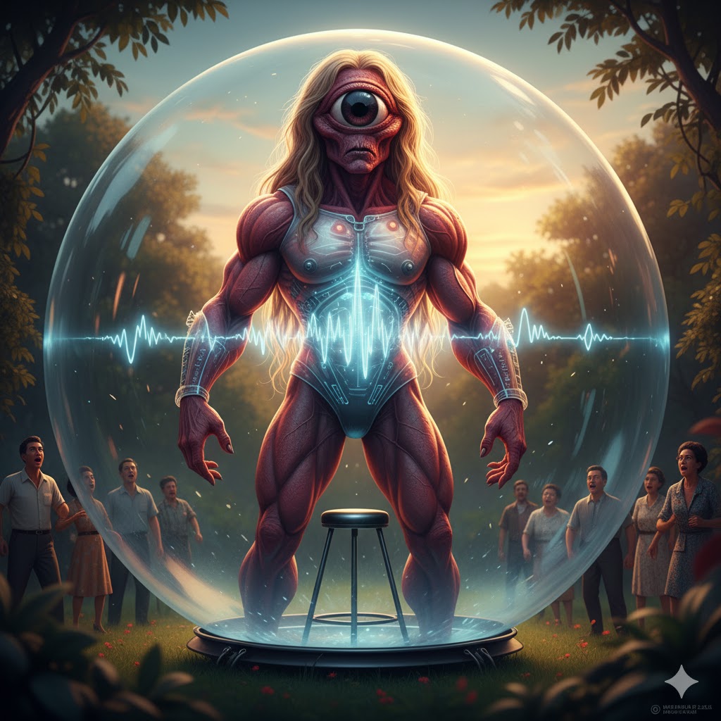 Illustration of a 10-foot tall reddish Cyclops alien in a transparent spherical craft from the 1963 Belo Horizonte incident.