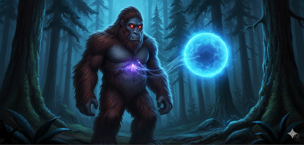Sasquatch alien standing in a forest near a blue orb portal.