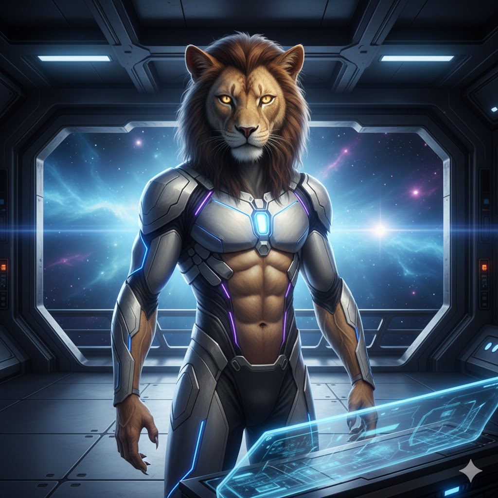 Feline Mammalian Humanoid from Sirius B in a high-tech starship environment.