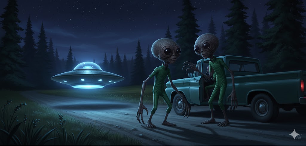 Two Mook alien entities with long arms and green suits standing by a truck during the 1967 Ririe Idaho encounter.