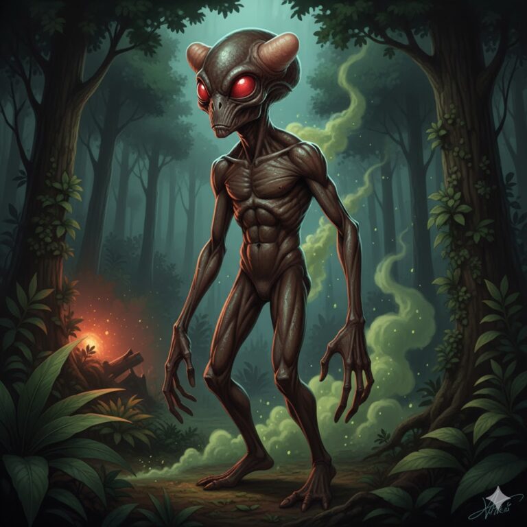 Varginha Akart alien entity with three head ridges and red eyes in a Brazilian forest.