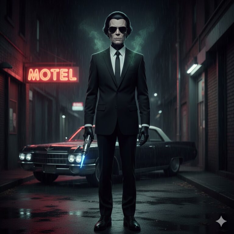 Draco Borg alien entity in a classic black Men in Black suit standing in a dark alleyway next to a vintage car.