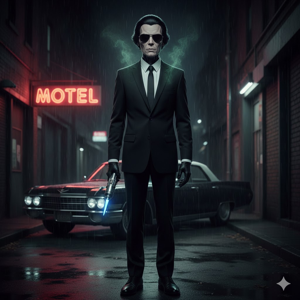 Draco Borg alien entity in a classic black Men in Black suit standing in a dark alleyway next to a vintage car.