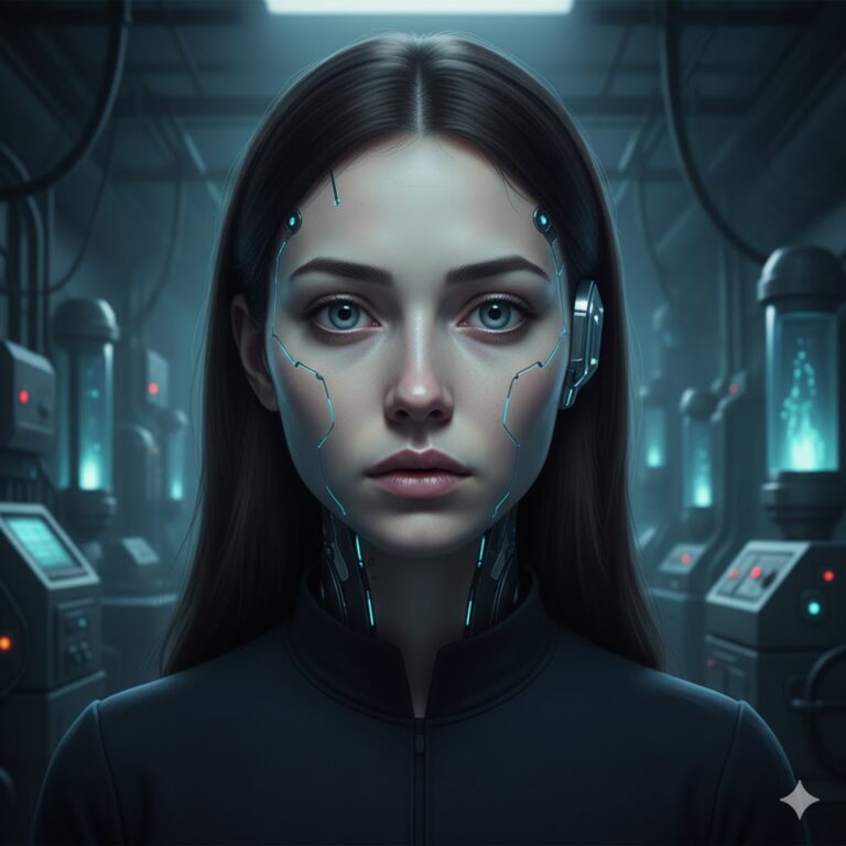 Eva Borg alien entity with visible cybernetic implants and a vacant human expression.