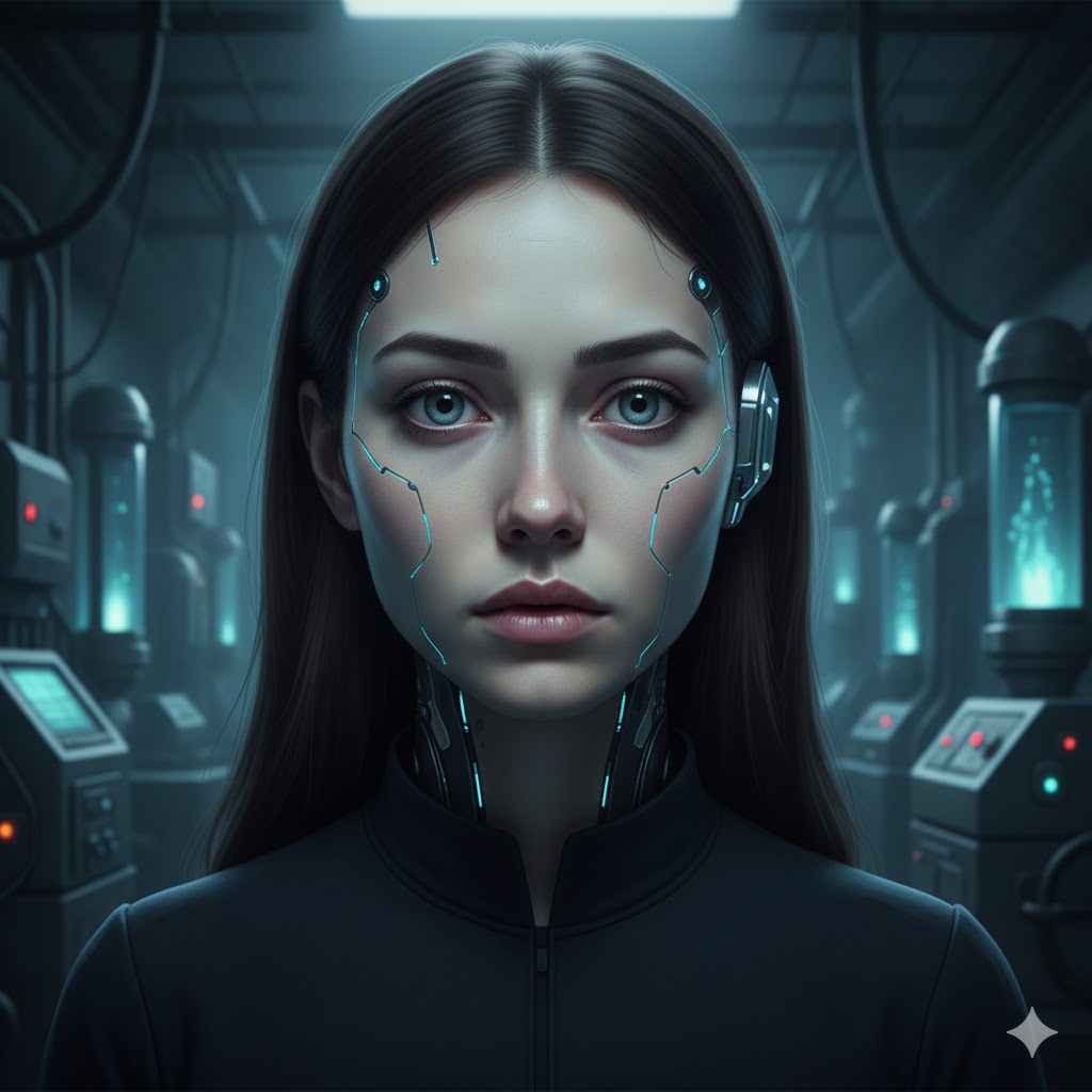 Eva Borg alien entity with visible cybernetic implants and a vacant human expression.