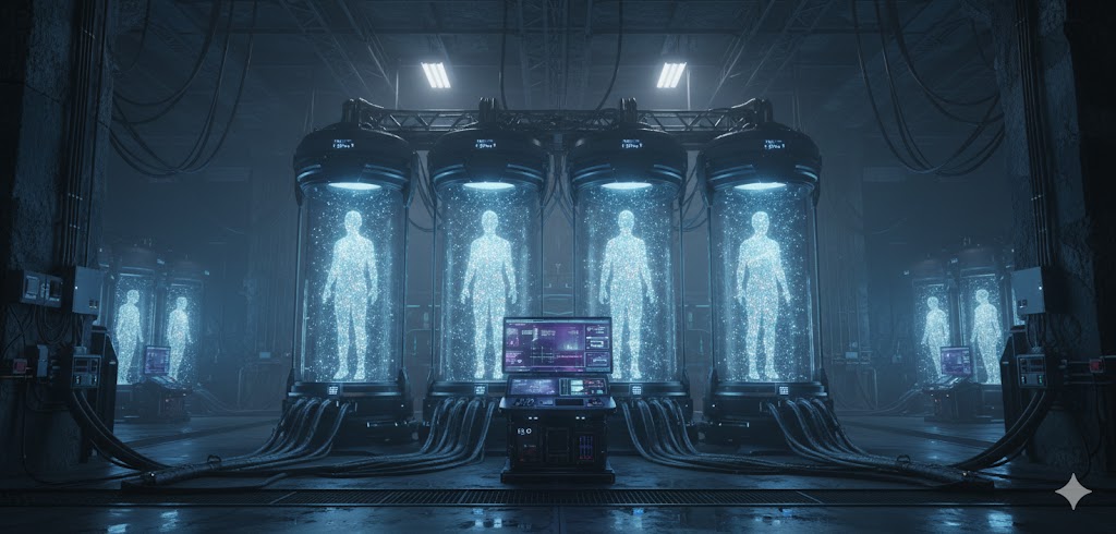 Synthetic alien manufacturing chambers showing human-like entities being formed through holographic teleportation in a subterranean laboratory.