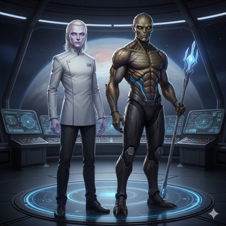 An Altairian Executive in a white futuristic suit standing next to a muscular Reptilian Enforcer on a spaceship bridge.