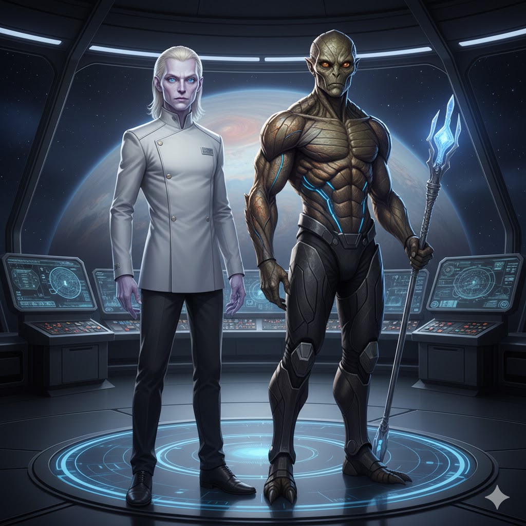 An Altairian Executive in a white futuristic suit standing next to a muscular Reptilian Enforcer on a spaceship bridge.