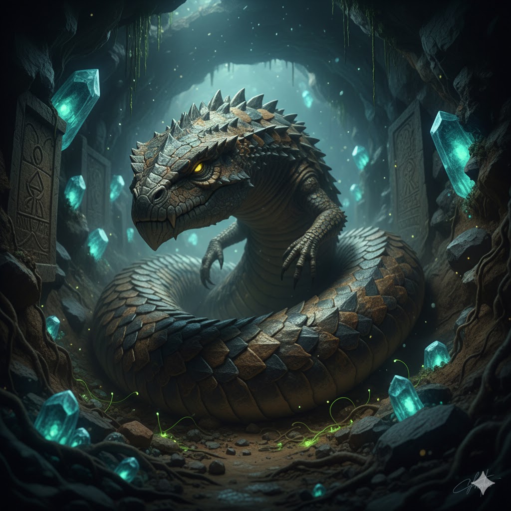 A serpentine Burrower reptilian with thick scales and glowing amber eyes inside a crystalline subterranean tunnel.