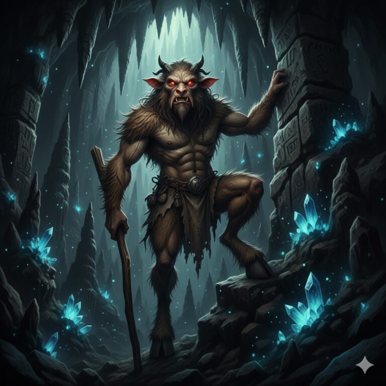 A hairy Ikel humanoid with cloven hoofs and glowing red eyes standing in a dark limestone cavern.