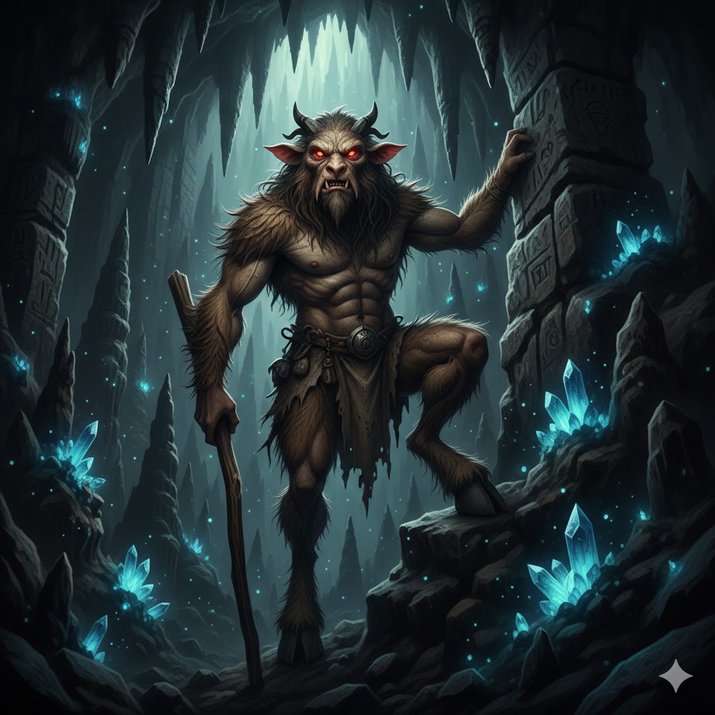 A hairy Ikel humanoid with cloven hoofs and glowing red eyes standing in a dark limestone cavern.