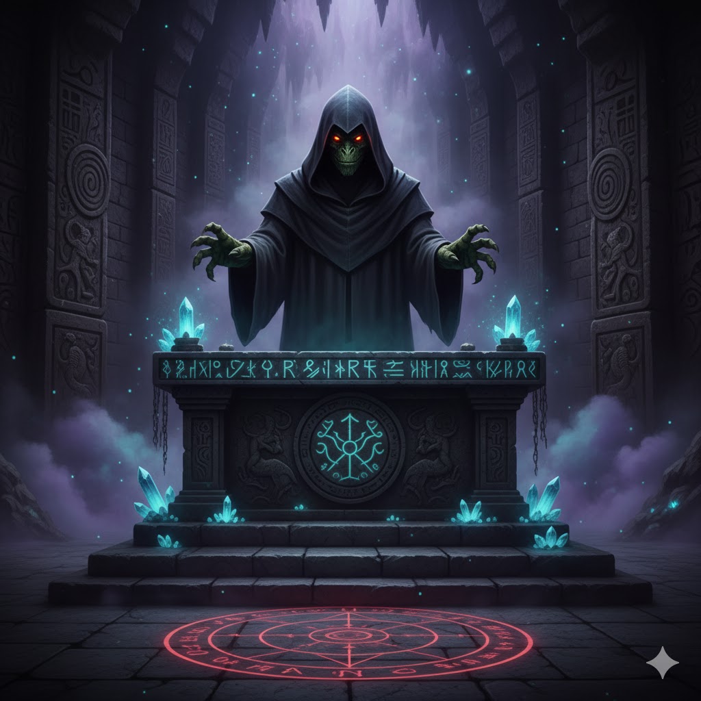 A hooded Iguanoid reptilian sorcerer with glowing red eyes standing behind a ritualistic altar in a dark chamber.