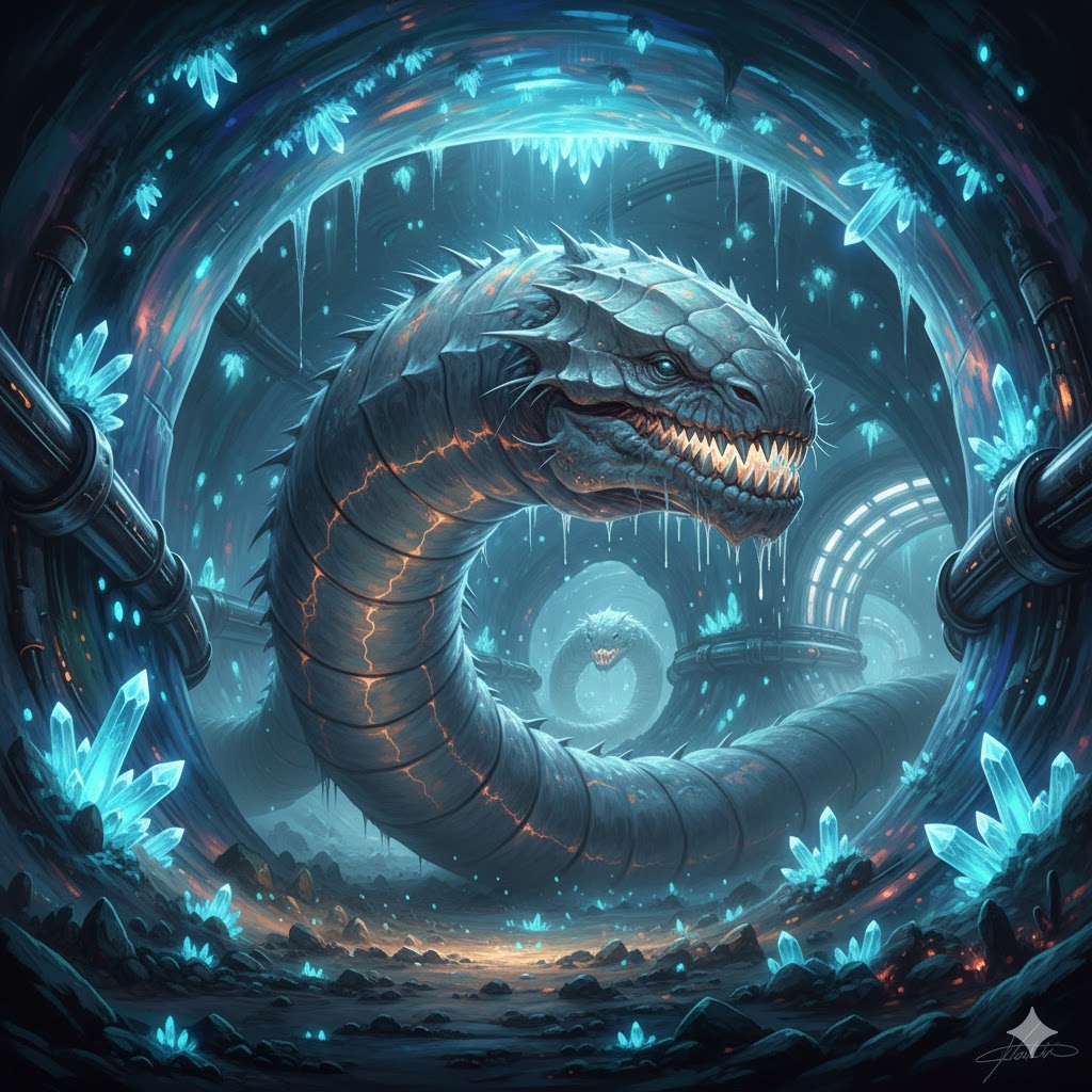 A giant, scaled Dragon Worm with bioluminescent ridges moving through a vitrified subterranean tunnel filled with blue crystals.