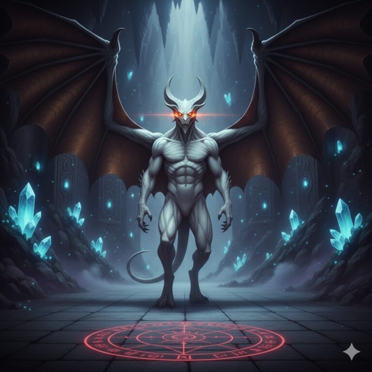 A 14-foot white-skinned Ciakar Royal Draconian with massive wings extended in a crystalline cavern.