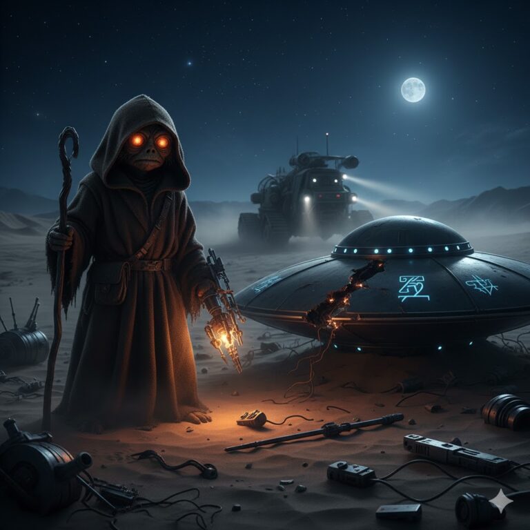 A hooded Jawa-type alien with glowing orange eyes standing near a crashed metallic UFO in a moonlit desert.