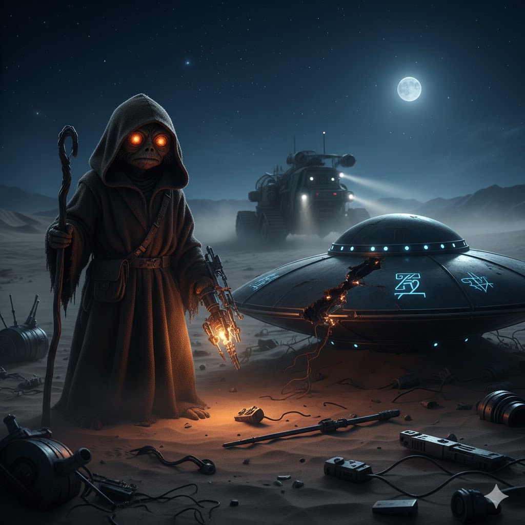 A hooded Jawa-type alien with glowing orange eyes standing near a crashed metallic UFO in a moonlit desert.