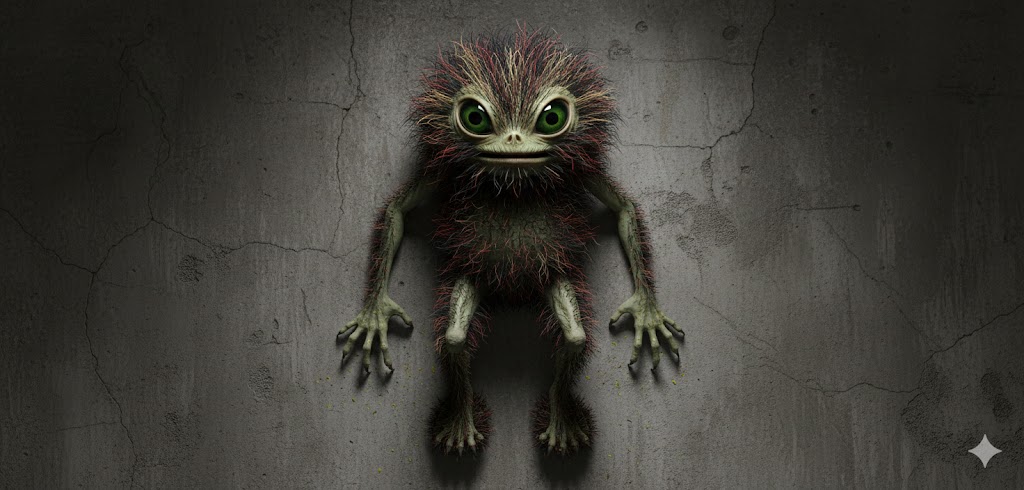 A bristly, green-eyed Hairy Dwarf alien with silicate skin scaled against a cracked concrete wall.