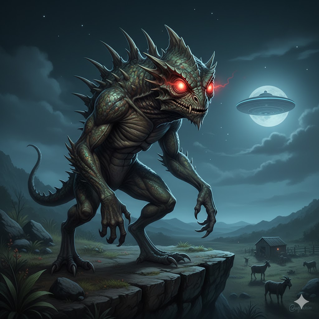 A bipedal Chupacabra with glowing red eyes and quills extended standing on a cliffside under a UFO.