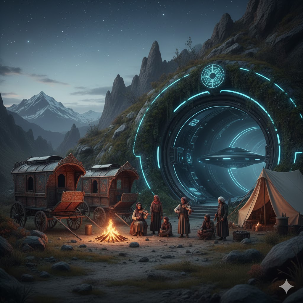 A nomadic Gypsy caravan camping near a glowing, high-tech subterranean tunnel entrance leading to Agharta.
