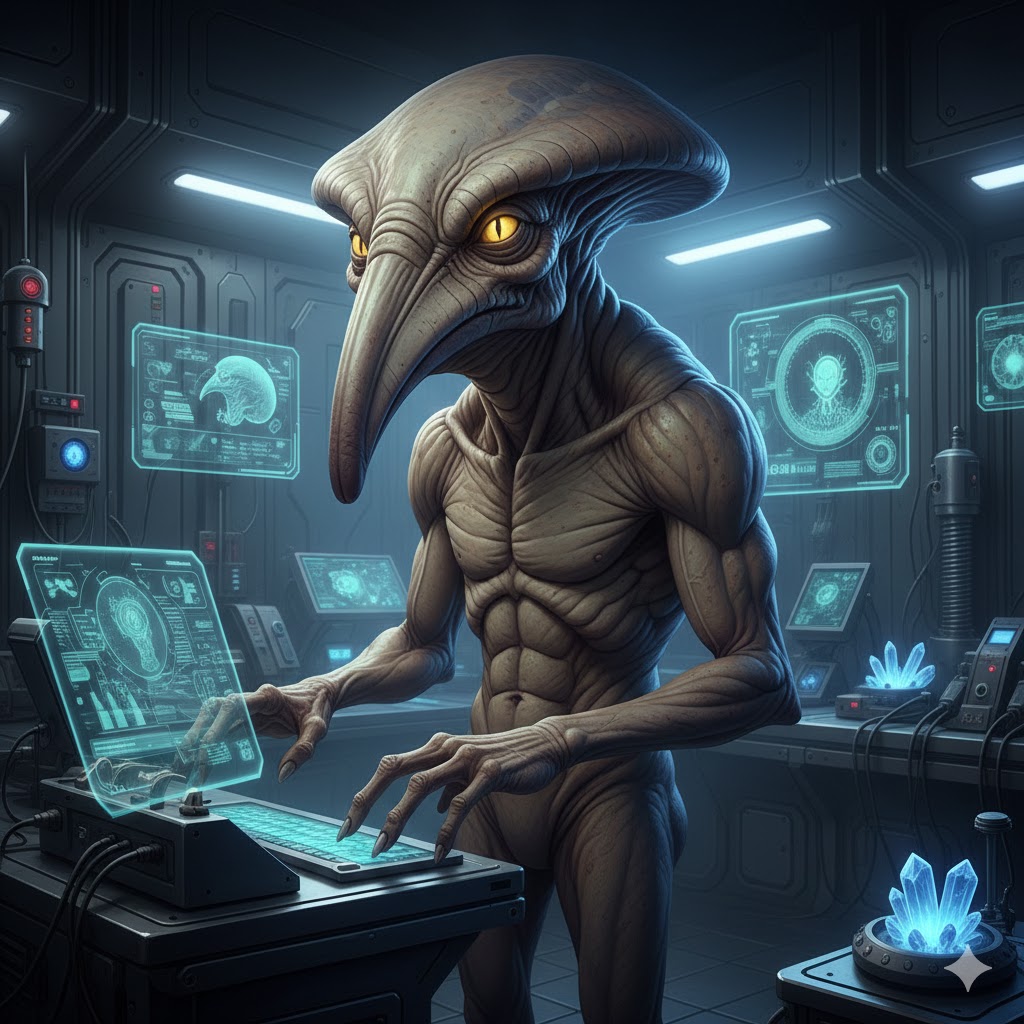 An Archquliod alien with a mushroom-shaped head and large beaked nose working at a high-tech console in a laboratory.