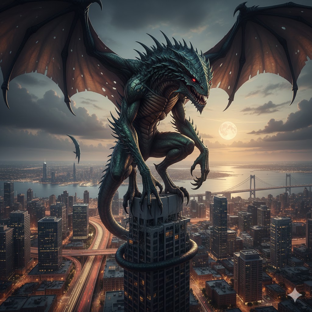 A massive 22-foot winged Ciakar Alpha-Draconian perched on a skyscraper overlooking a modern city at twilight.