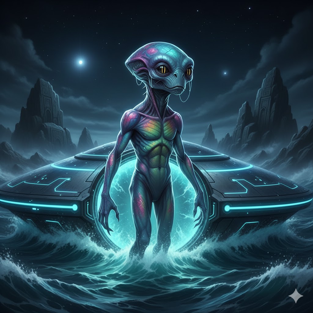 A bioluminescent Nommo alien emerging from a high-tech Water Ark in a stormy ocean.