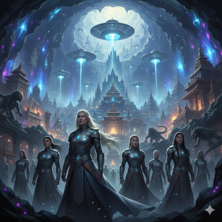 Agharians subterranean civilization in Agharta with silver fleet Vimana craft and Nordic guardians.