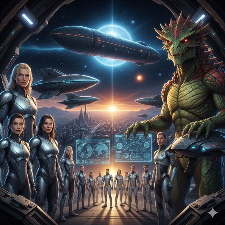 Fomalhaut Confederation human and reptoid alliance with cigar-shaped motherships and ovoid scout craft.