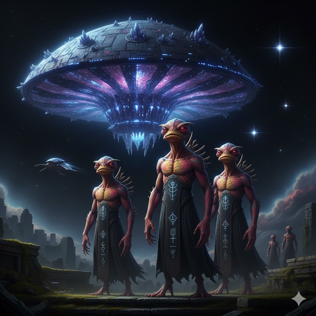 Mintakan amphibious aliens from Orion's Belt with mushroom-shaped mothership.