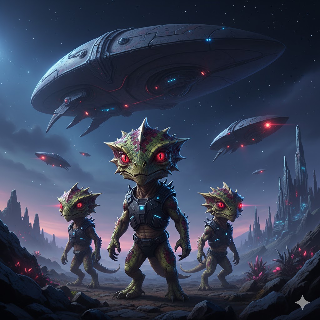 Bellatricians: 1.5-foot tall Dino-Reptoid hybrids from the Bellatrix star system in Orion with their dew-drop scout ships.