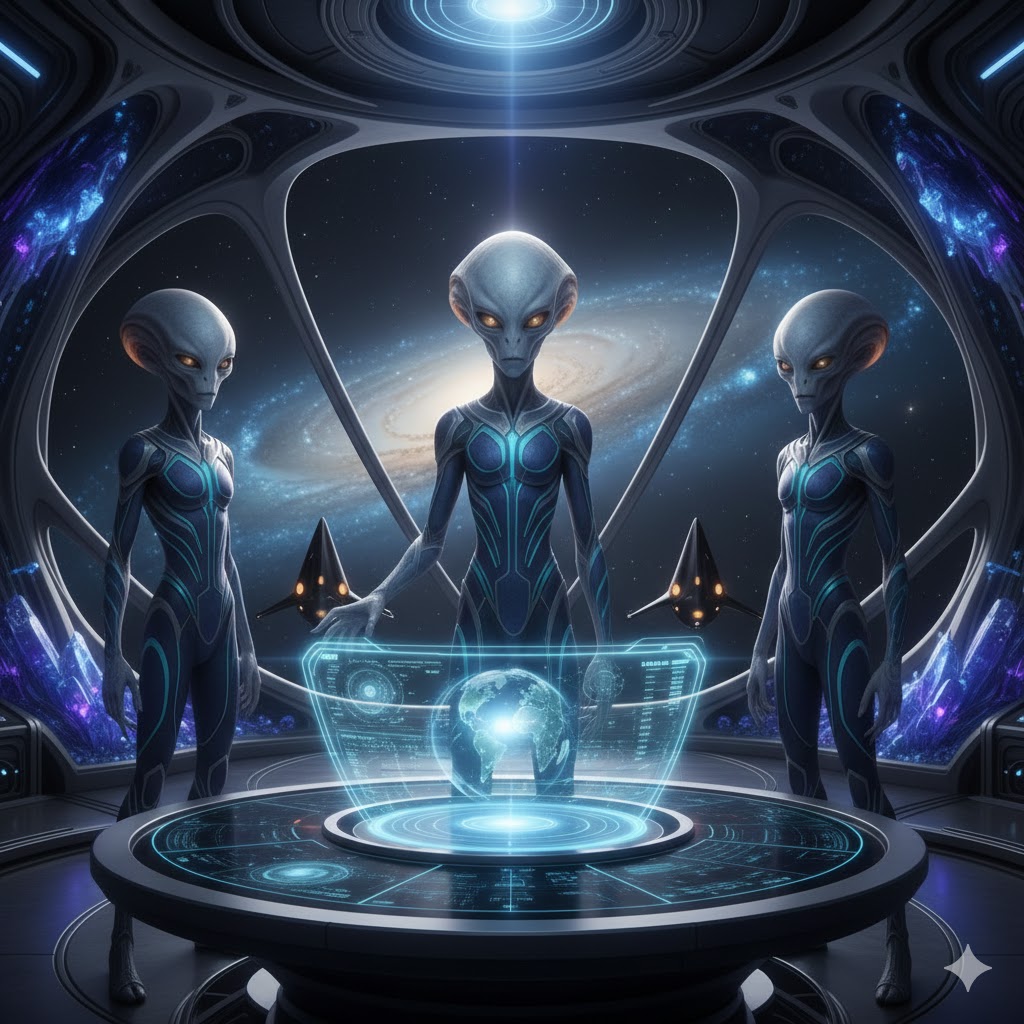Axthadan Andromedan Grey aliens monitoring Earth from a bio-organic craft