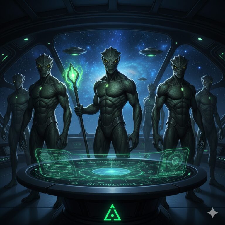 Alcyone Reptilians from the Pleiades standing in a high-tech command center