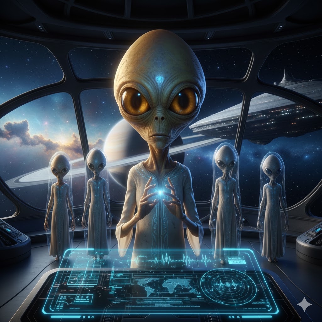 Biaviians from the Taurus constellation observing Earth from a Saturn-based mothership