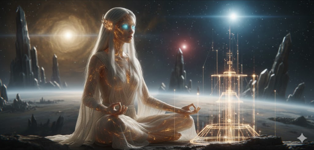 Golden Ishnaan Crystal Person meditating under the light of Sirius A.
