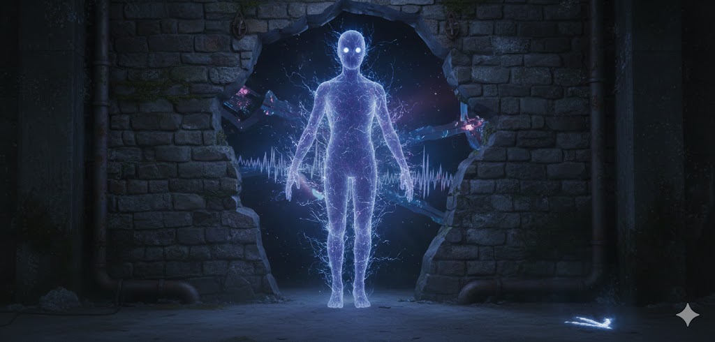 Depiction of an Interdimensional Entity manifesting through a dimensional portal.