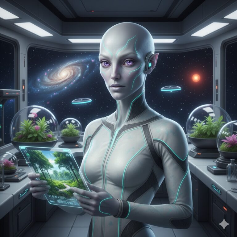 Altimarian scientist from Altimar working in a high-tech laboratory environment.