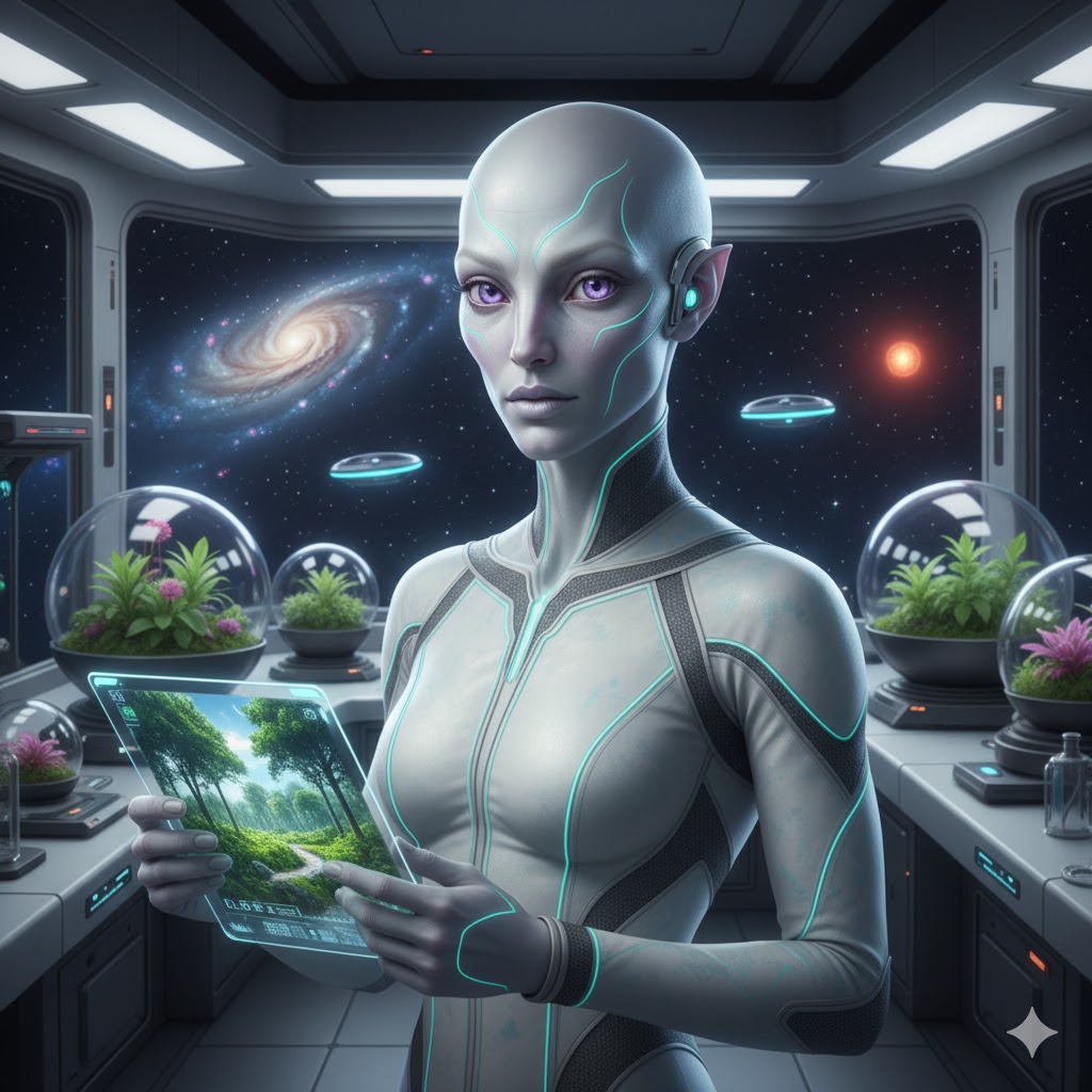 Altimarian scientist from Altimar working in a high-tech laboratory environment.